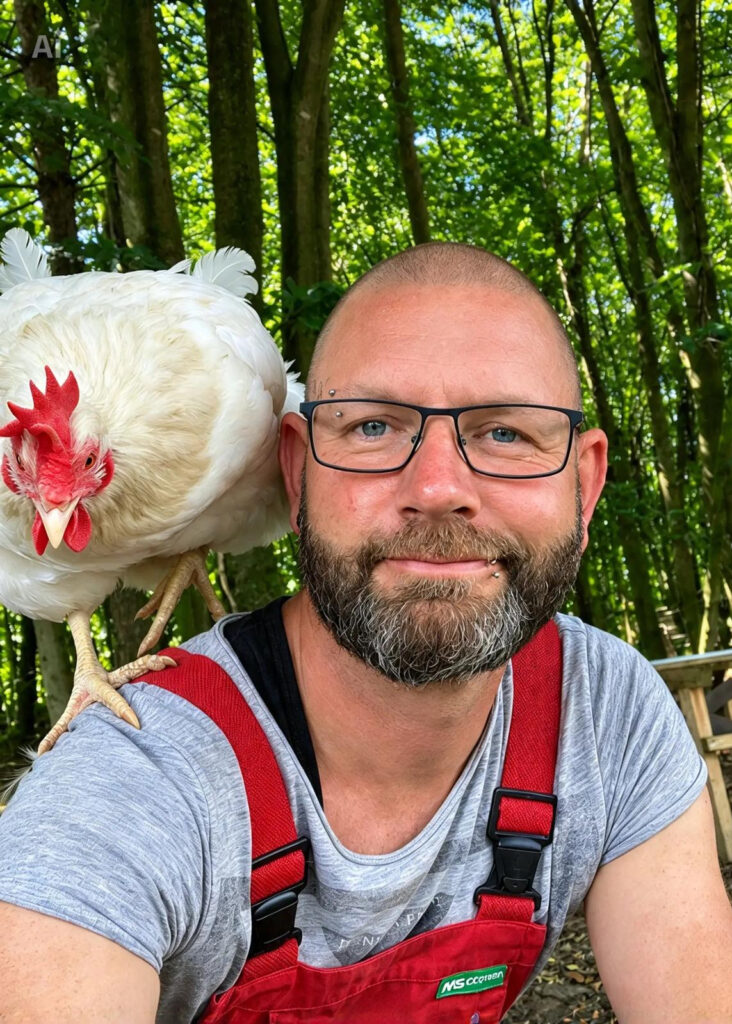 Foto von Manuel Grün mit Huhn auf Schulter